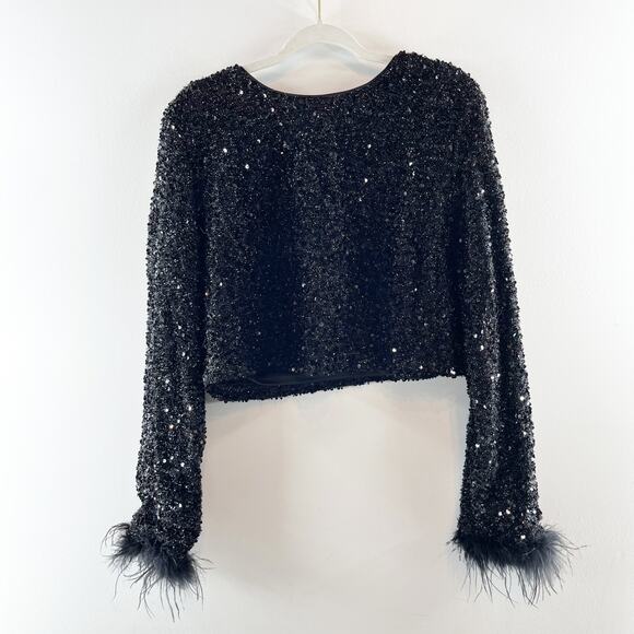 Lulus Sparklin Behavior Sequin Cropped Feather Long Sleeve Top Black XL - Picture 2 of 8